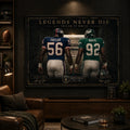 Taylor vs White NFL wall art in a dark sports man cave with display shelving, leather seating and collector styling.