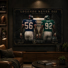 Taylor vs White NFL wall art in a dark sports man cave with display shelving, leather seating and collector styling.