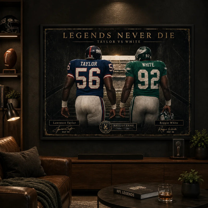 Taylor vs White NFL wall art in a dark sports man cave with display shelving, leather seating and collector styling.