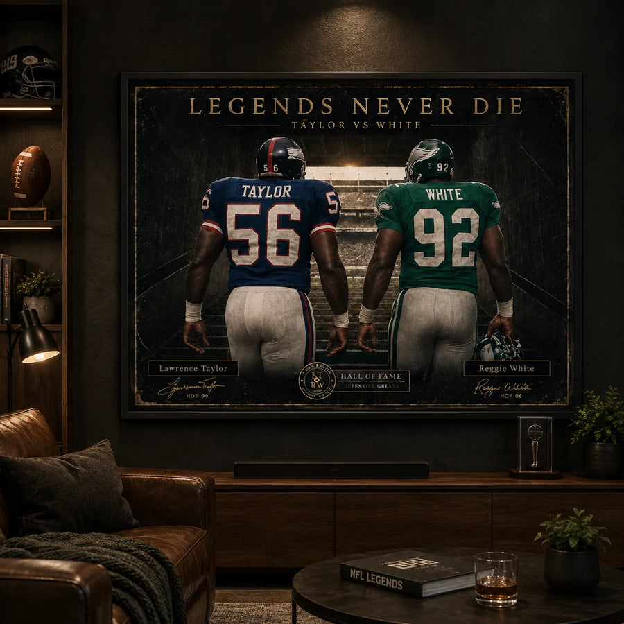 Taylor vs White NFL wall art in a dark sports man cave with display shelving, leather seating and collector styling.