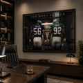 The Most Feared Taylor vs White NFL wall art displayed in a dark executive office above a timber credenza.