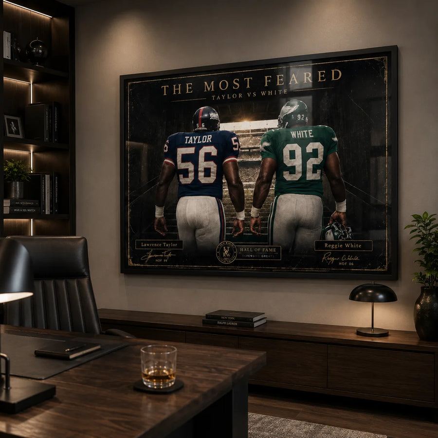 The Most Feared Taylor vs White NFL wall art displayed in a dark executive office above a timber credenza.