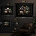 The Most Feared NFL wall art size guide showing Small, Medium, Large and XL framed dimensions in centimetres and inches.