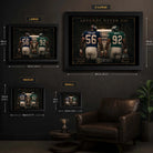 The Most Feared NFL wall art size guide showing Small, Medium, Large and XL framed dimensions in centimetres and inches.