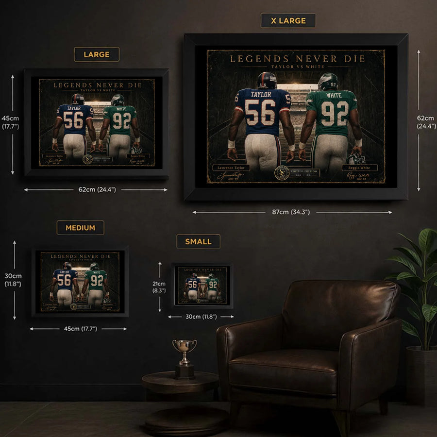 The Most Feared NFL wall art size guide showing Small, Medium, Large and XL framed dimensions in centimetres and inches.