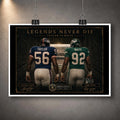 Unframed The Most Feared Lawrence Taylor vs Reggie White NFL wall art showing numbers 56 and 92 beneath The Most Feared title.