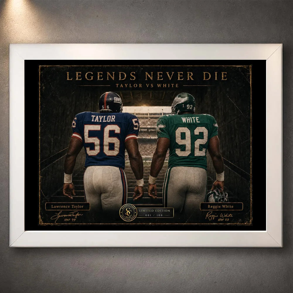 White framed The Most Feared Lawrence Taylor vs Reggie White NFL wall art showing numbers 56 and 92 beneath The Most Feared title.