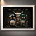 White framed The Most Feared Lawrence Taylor vs Reggie White NFL wall art showing numbers 56 and 92 beneath The Most Feared title.