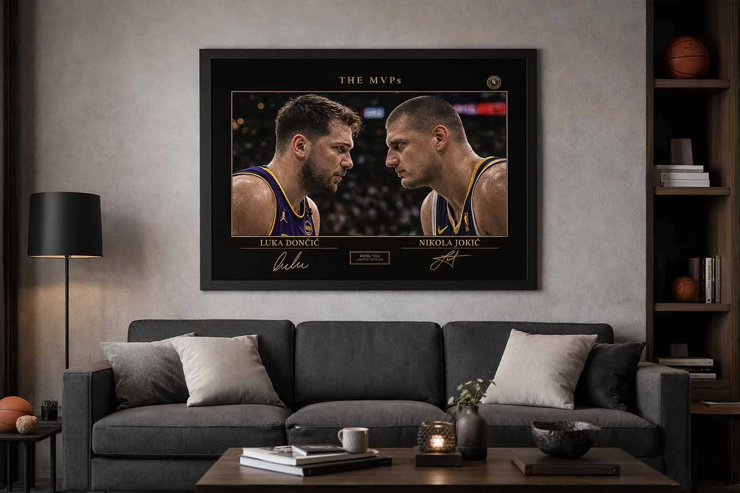 Luka Dončić vs Nikola Jokić framed MVP artwork displayed in modern man cave setup as stylish man cave wall décor