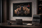 Luka Dončić vs Nikola Jokić MVP framed artwork showcased in executive office interior as premium sports collectibles