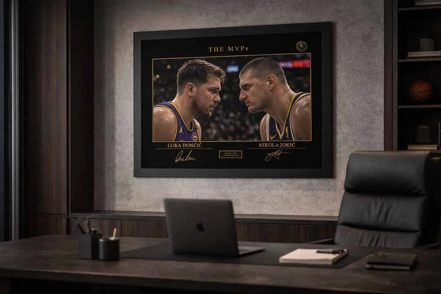 Luka Dončić vs Nikola Jokić MVP framed artwork showcased in executive office interior as premium sports collectibles