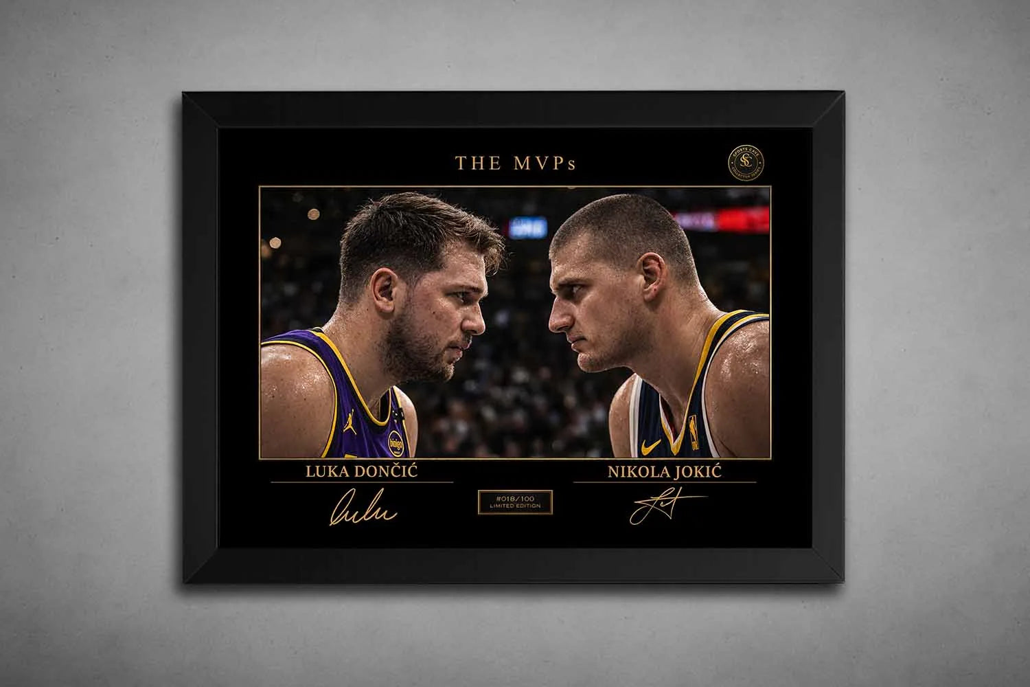Black framed Luka Dončić vs Nikola Jokić MVP rivalry artwork in premium sports wall art design with bold contrast