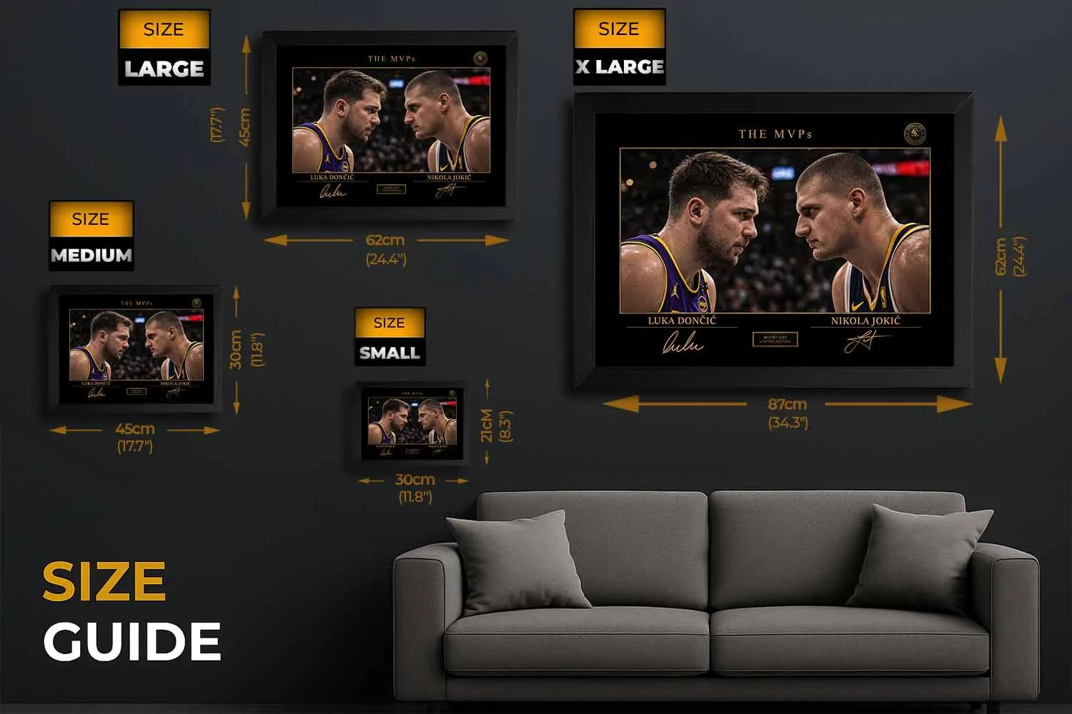 Size guide showing Luka Dončić vs Nikola Jokić MVP framed artwork dimensions for sports wall art display options