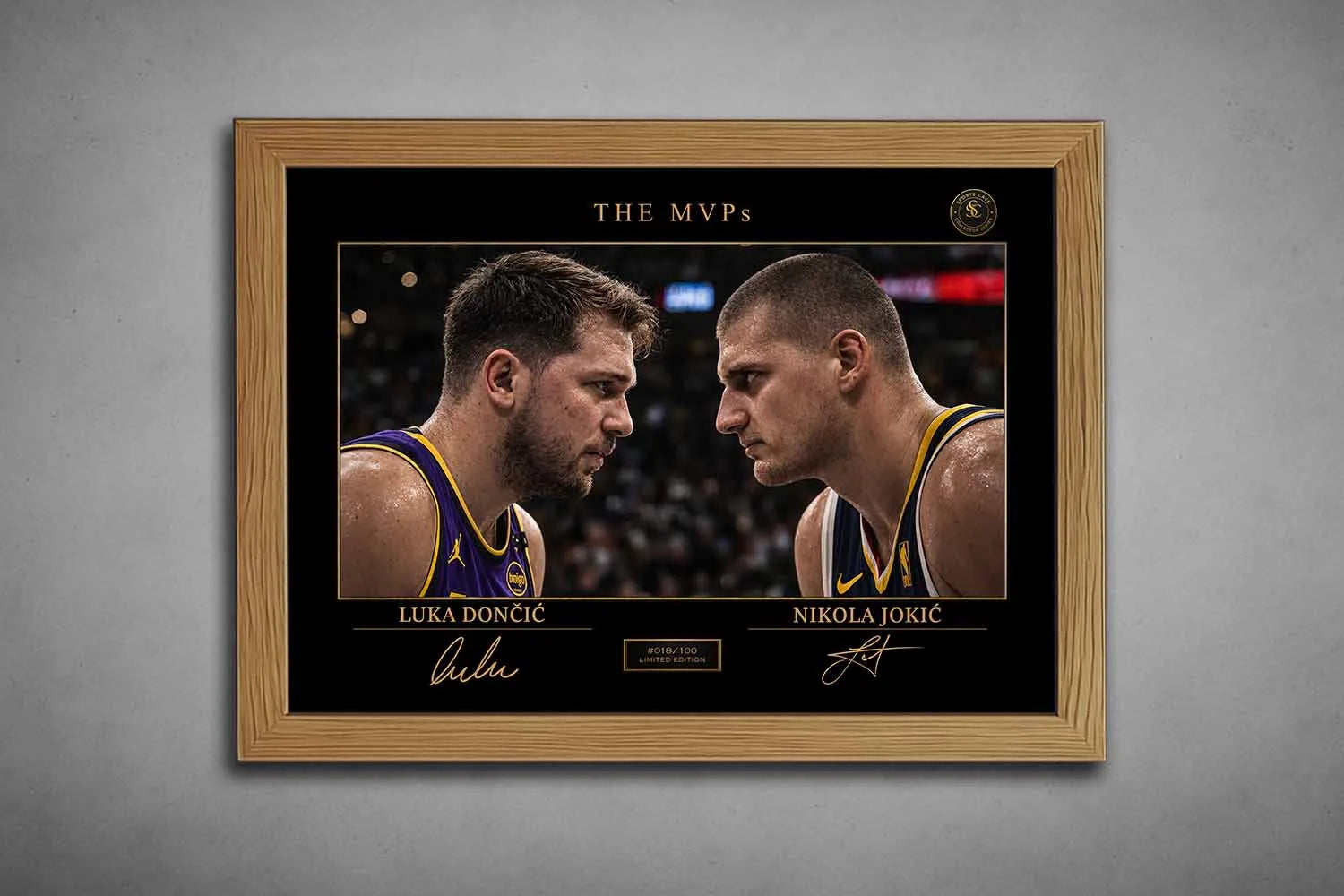 Oak framed Luka Dončić and Nikola Jokić MVP poster showcasing elite NBA rivalry as framed sports memorabilia