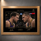 Oak framed sports wall art print with black background, gold details and collector-style layout