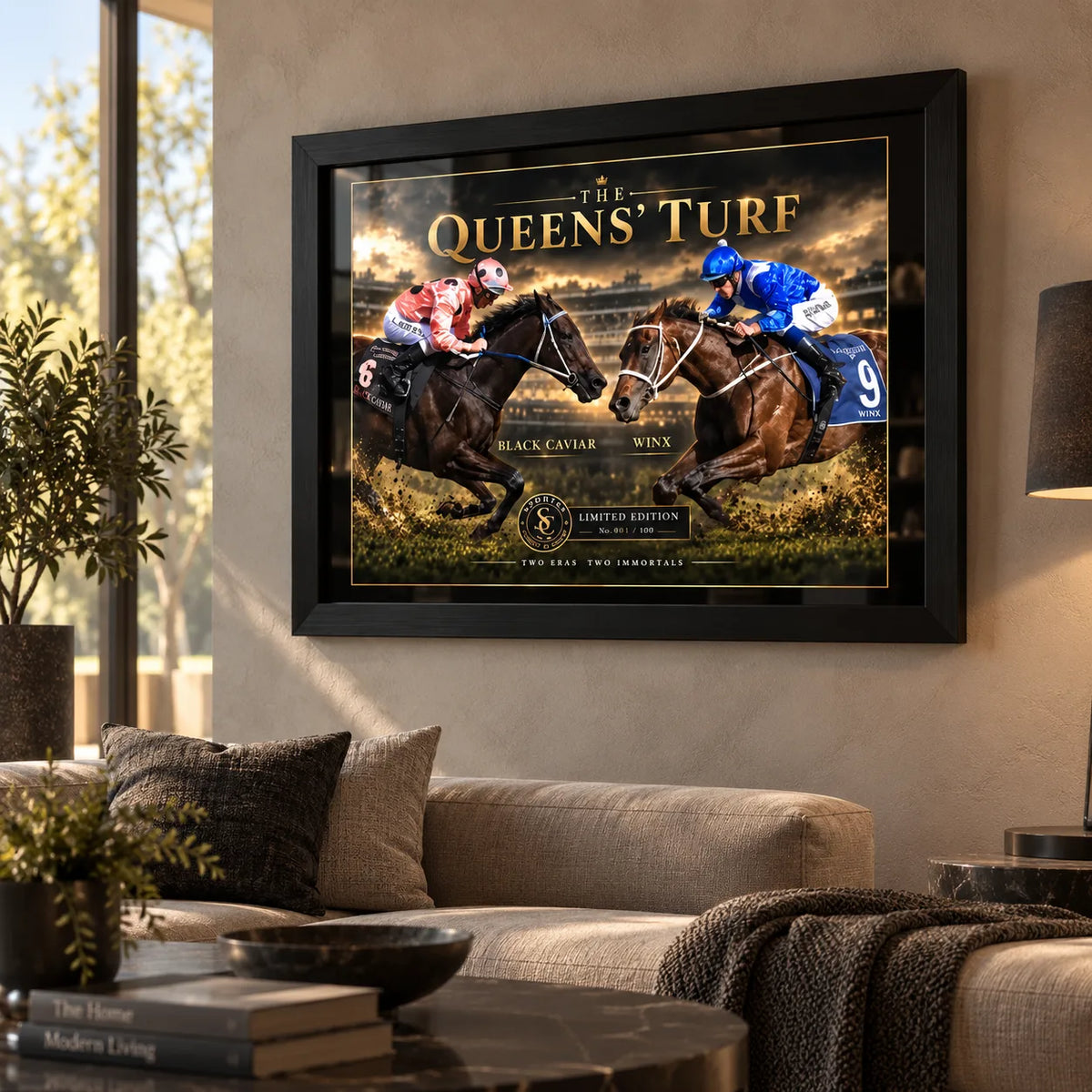 Black Caviar and Winx wall art displayed in a warm living room with a black frame.