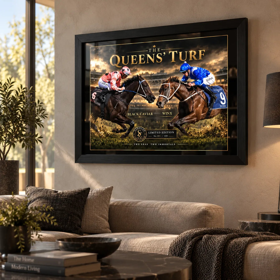 Black Caviar and Winx wall art displayed in a warm living room with a black frame.