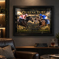 Black Caviar and Winx wall art displayed in a dark horse racing man cave with a black frame.