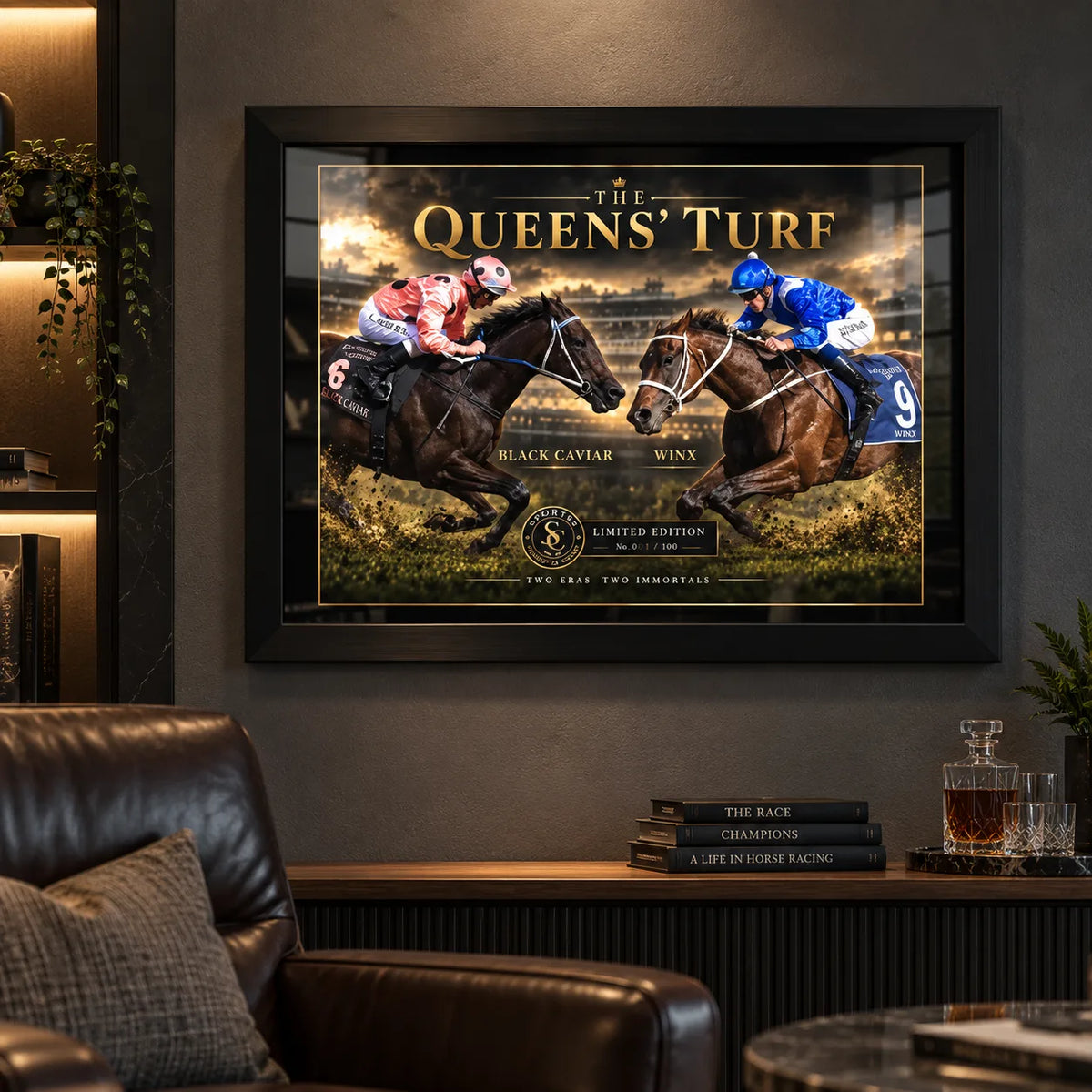 Black Caviar and Winx wall art displayed in a dark horse racing man cave with a black frame.