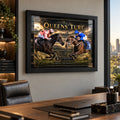 Black Caviar and Winx horse racing wall art displayed in a modern office with a black frame.