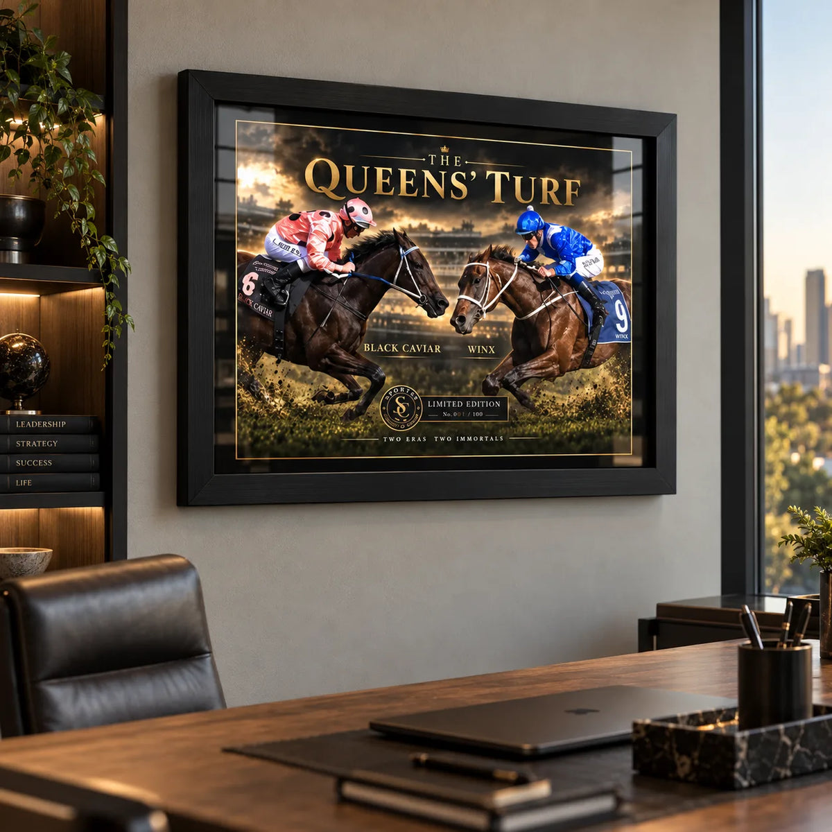 Black Caviar and Winx horse racing wall art displayed in a modern office with a black frame.