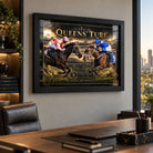 Black Caviar and Winx horse racing wall art displayed in a modern office with a black frame.