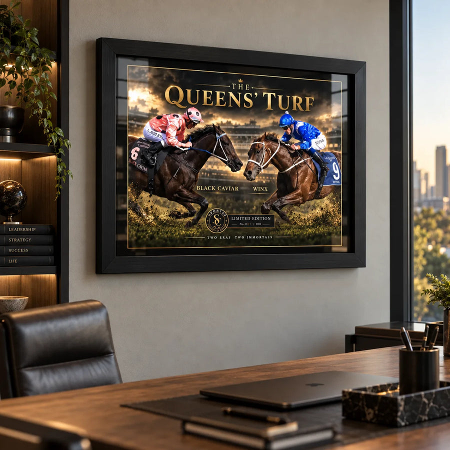 Black Caviar and Winx horse racing wall art displayed in a modern office with a black frame.