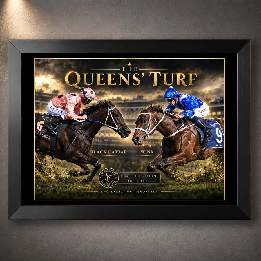 Black framed Black Caviar and Winx horse racing wall art featuring The Queens' Turf collector design.