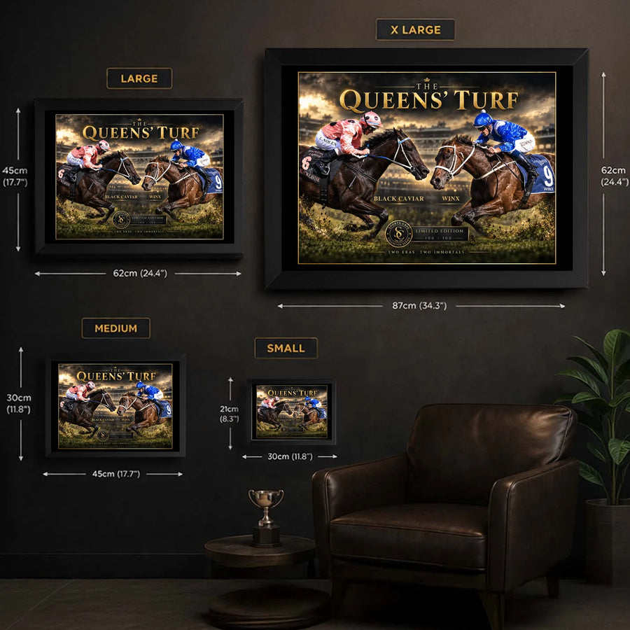 Black Caviar and Winx wall art size guide showing Small, Medium, Large and X Large framed dimensions.