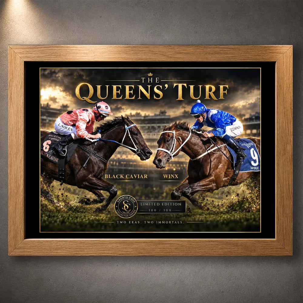 Oak framed Black Caviar and Winx horse racing wall art featuring The Queens' Turf collector design.