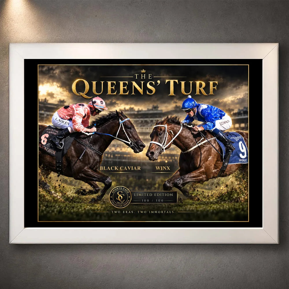 White framed Black Caviar and Winx horse racing wall art featuring The Queens' Turf collector design.