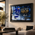 Nikita Kucherov wall art in a contemporary living room, shown in a black frame above a neutral seating area.