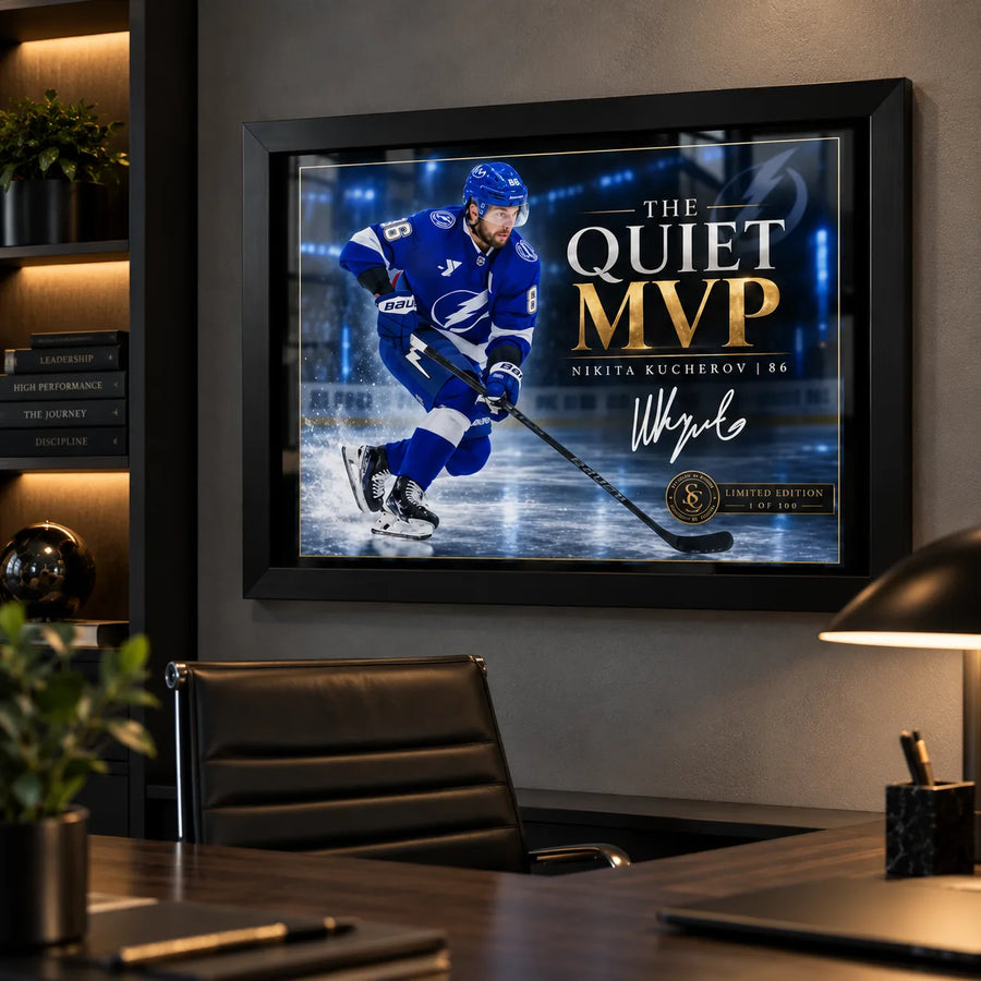 Nikita Kucherov wall art displayed in a modern office, framed in black for a clean hockey collector presentation.