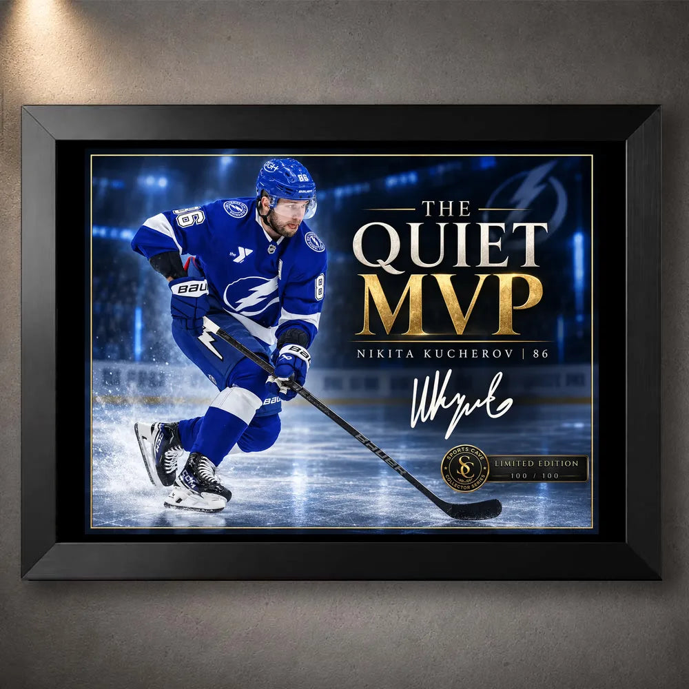 Black framed Nikita Kucherov hockey wall art featuring The Quiet MVP design for a collector wall or sports room.