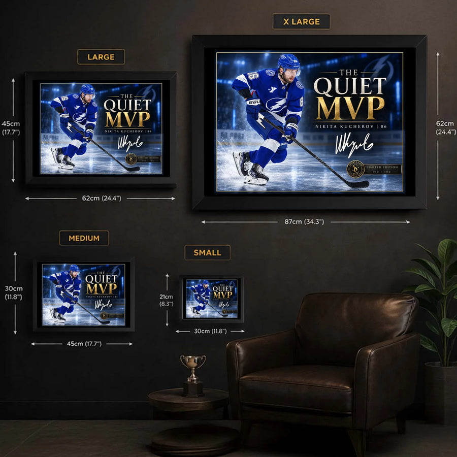 Nikita Kucherov wall art size guide showing Small, Medium, Large and XL framed dimensions in centimetres and inches.