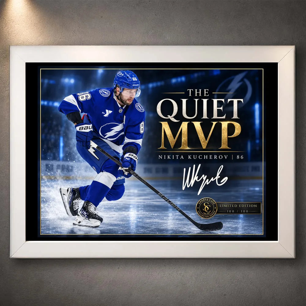 White framed Nikita Kucherov hockey wall art featuring The Quiet MVP design for a clean collector display.