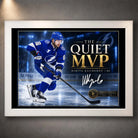 White framed Nikita Kucherov hockey wall art featuring The Quiet MVP design for a clean collector display.
