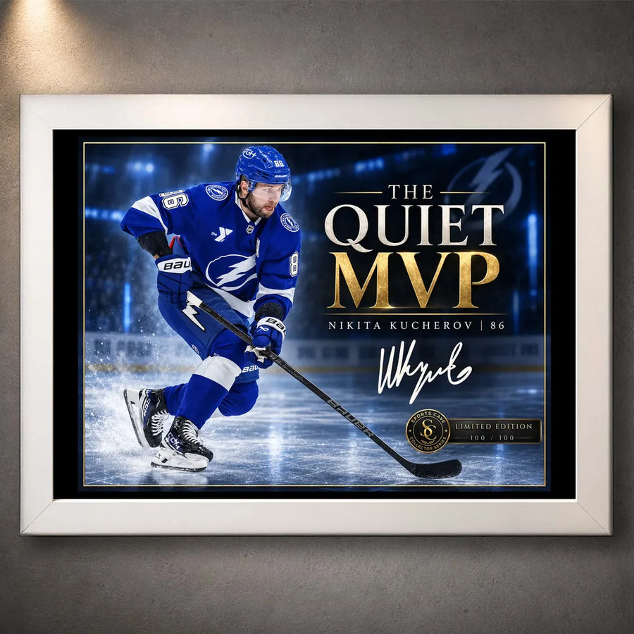 White framed Nikita Kucherov hockey wall art featuring The Quiet MVP design for a clean collector display.