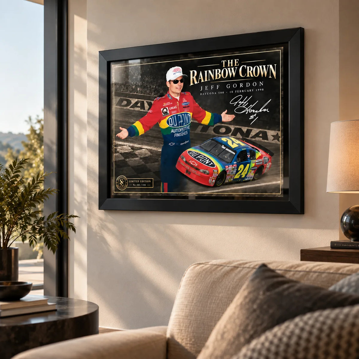 Jeff Gordon wall art displayed in a bright living room with black frame and The Rainbow Crown NASCAR design.