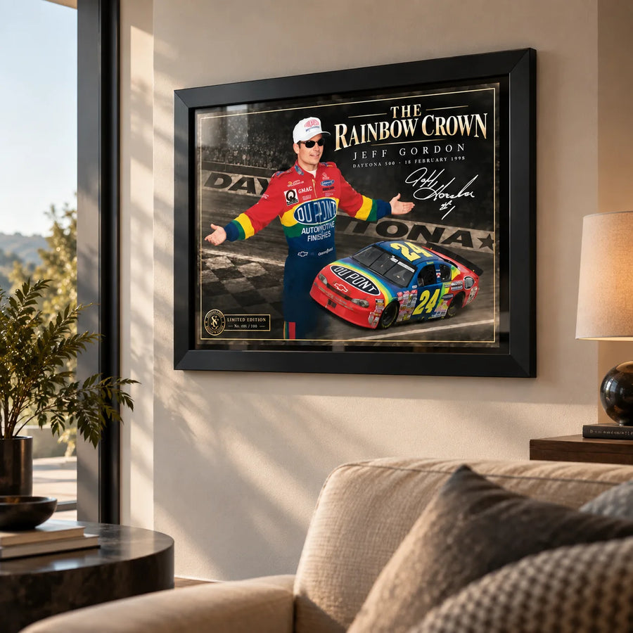 Jeff Gordon wall art displayed in a bright living room with black frame and The Rainbow Crown NASCAR design.