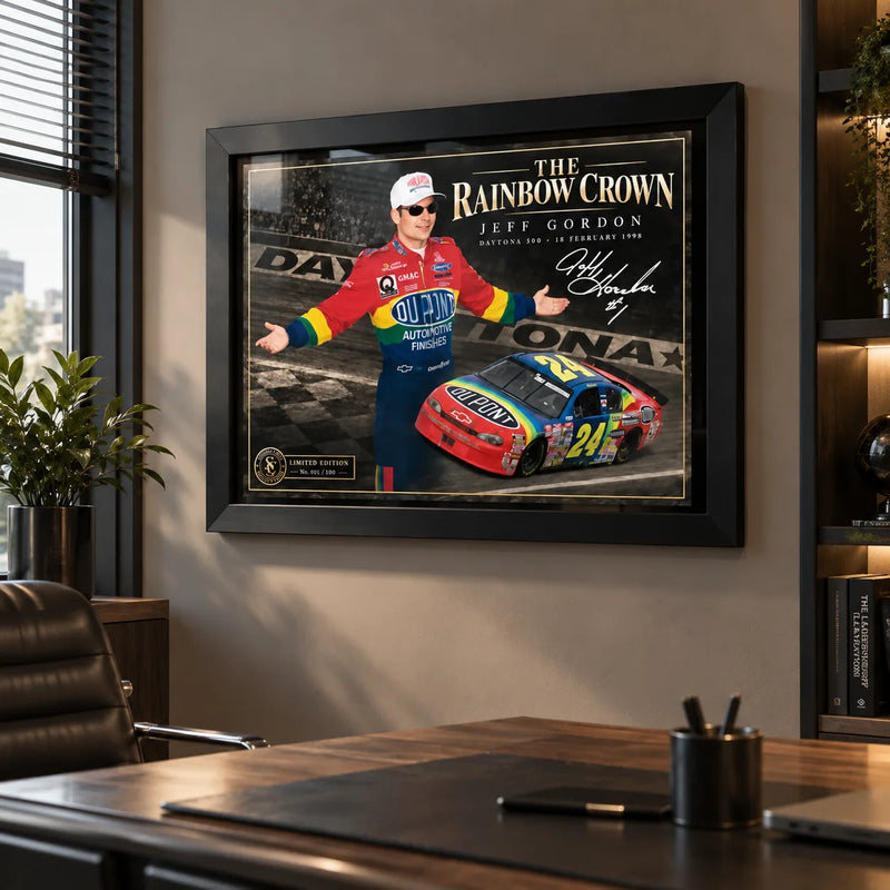 Jeff Gordon wall art displayed in a modern office with black frame and The Rainbow Crown motorsport design.