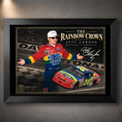 Black framed Jeff Gordon NASCAR wall art featuring The Rainbow Crown design for motorsport collectors.