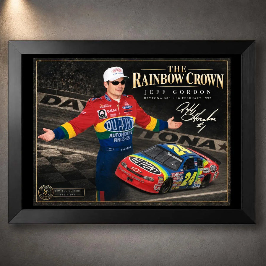Black framed Jeff Gordon NASCAR wall art featuring The Rainbow Crown design for motorsport collectors.