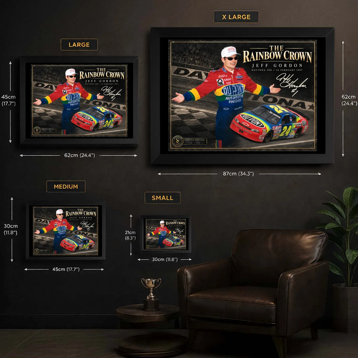 Jeff Gordon wall art size guide showing Small, Medium, Large and X Large framed display dimensions.