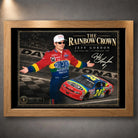 Oak framed Jeff Gordon NASCAR wall art featuring The Rainbow Crown design for motorsport collectors.