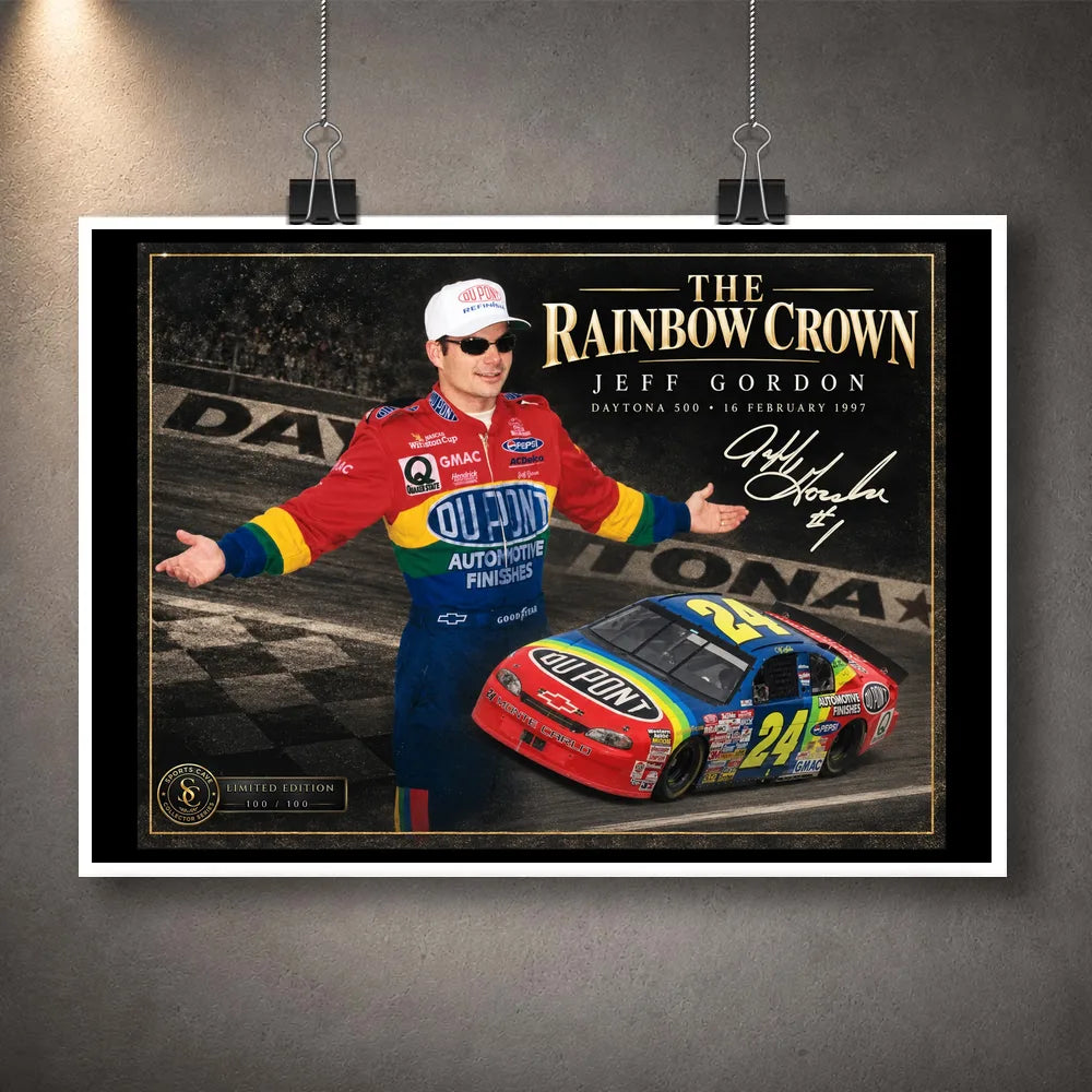 Unframed Jeff Gordon NASCAR wall art featuring The Rainbow Crown design for motorsport collectors.