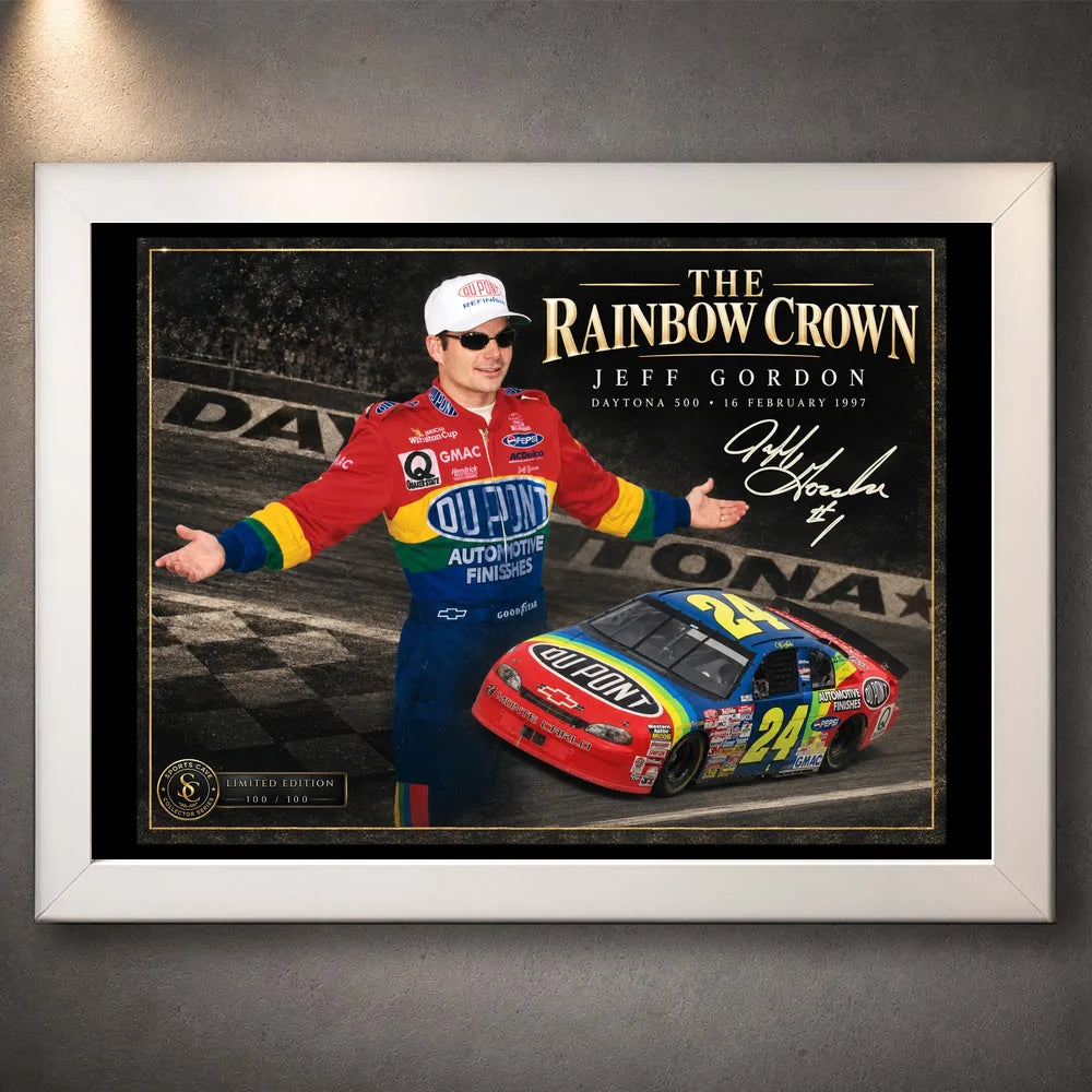 White framed Jeff Gordon NASCAR wall art featuring The Rainbow Crown design for motorsport collectors.