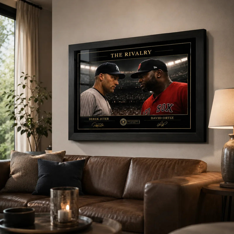 Jeter vs Ortiz baseball rivalry wall art in a warm living room above a brown leather sofa