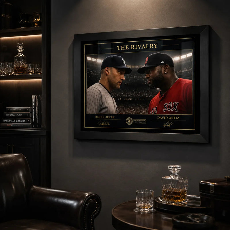 Black framed Jeter vs Ortiz baseball wall art displayed in a dark premium man cave with leather seating