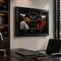 Jeter vs Ortiz rivalry baseball wall art in a modern executive office above a dark timber desk